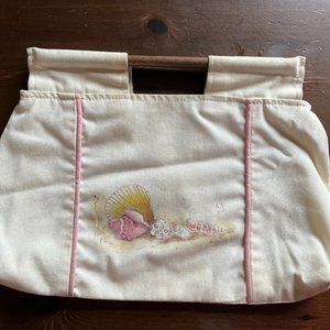 Vintage Cream Colored Purse Seashells and Wooden Handles